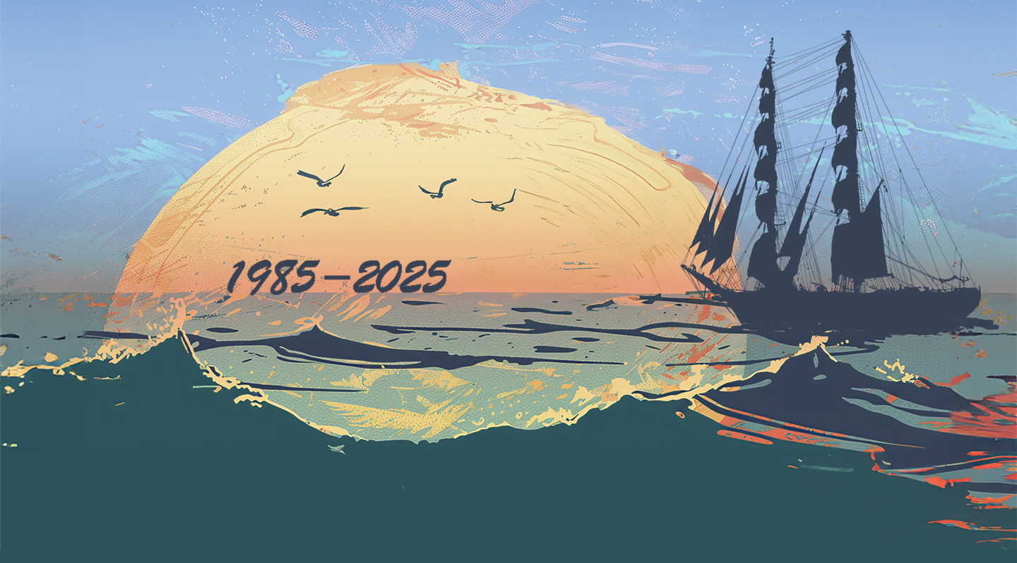 Obrazek żaglowca na tle zachodzącego słońca